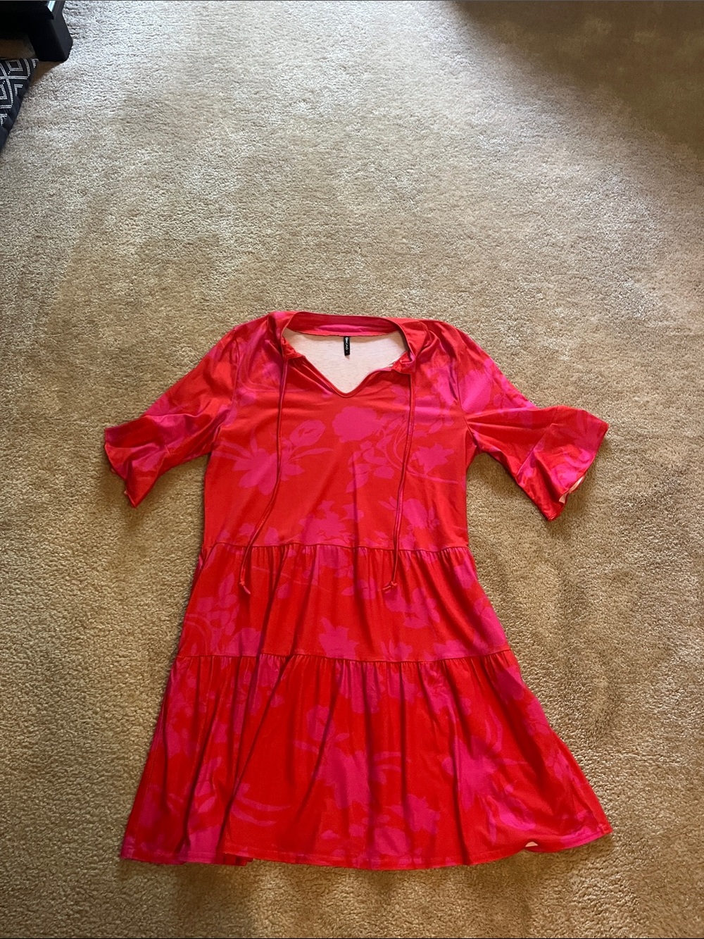 Red Floral Tiered V-Neck Dress